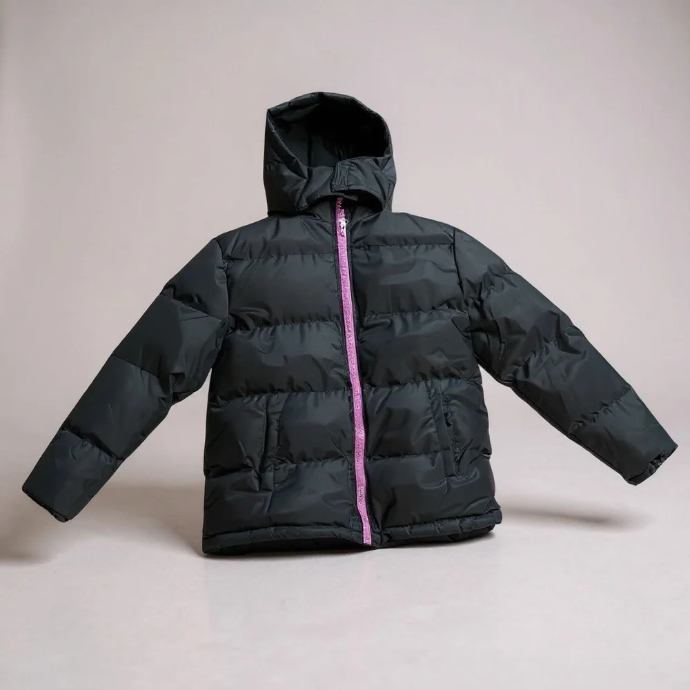 Kids' Black Puffer Jacket with Purple Accent